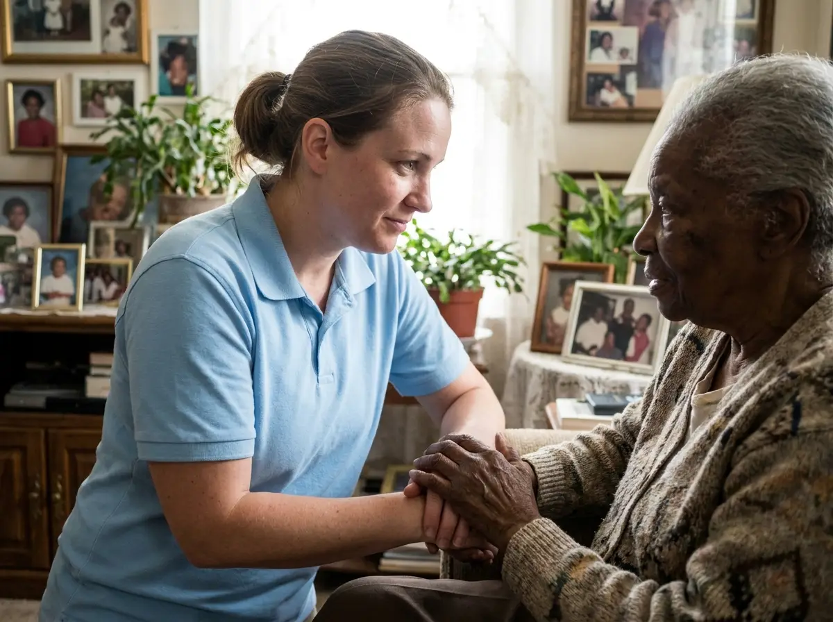 A Mary Angels caregiver supporting a senior at home