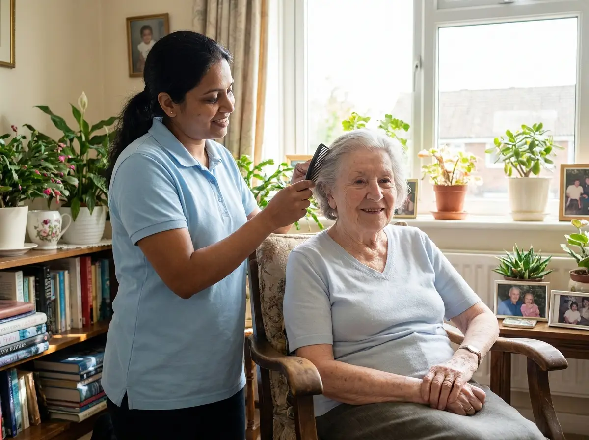 A Mary Angels caregiver supporting a senior at home