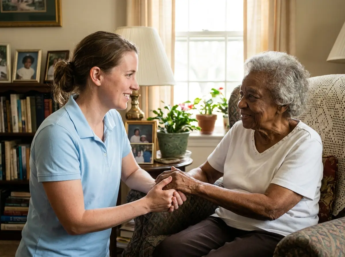 A Mary Angels caregiver supporting a senior at home