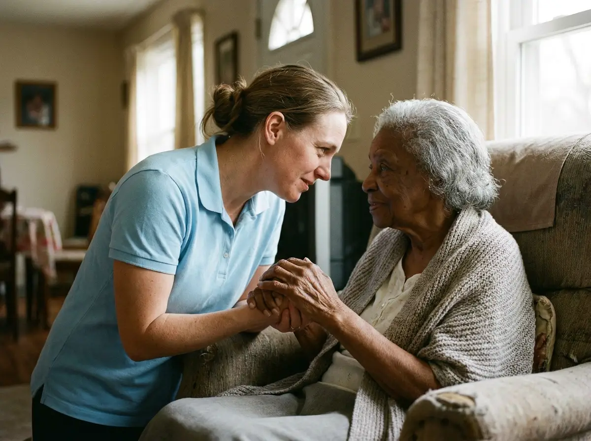 A Mary Angels caregiver supporting a senior at home