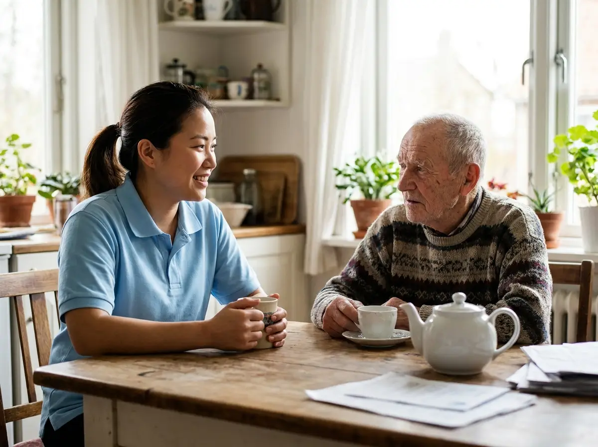 A Mary Angels caregiver supporting a senior at home